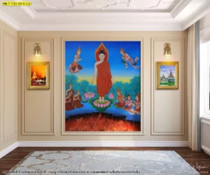 รูปติดผนังห้องพระพุทธประวัติ ลายพระพุทธเจ้าเปิดโลกในกรอบผนังคลาสสิก เหมาะกับห้องพระโทนครีม