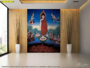 วอลเปเปอร์พระพุทธเจ้าเปิดโลกภาพลิขสิทธิ์ บนผนังลายไม้ในห้องพระร่วมสมัย ให้ภาพรวมอบอุ่นและเป็นระเบียบ