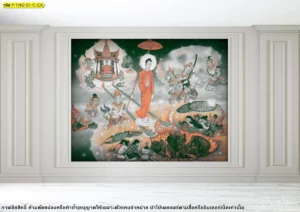 ภาพศิลปะไทยพระพุทธเจ้าเปิดโลกโทนเขียวเทาในกรอบผนังขาว เหมาะกับห้องพระที่ต้องการความนิ่งลึกและความสงบมาก