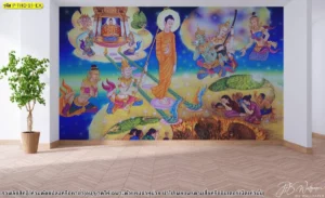 วอลเปเปอร์พระพุทธเจ้าเปิดโลกเต็มผนังห้องพระโมเดิร์น สีสดชัด เหมาะกับพื้นที่บูชา สวดมนต์ และงานตกแต่งไทยร่วมสมัย