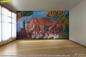 ภาพขบวนช้างและผู้คนในฉากเมืองโบราณ ติดผนังห้องพื้นไม้ เหมาะกับมุมเรียนรู้เรื่องเล่าแบบไทยในพื้นที่สงบ