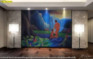 ภาพชายในชุดหนังเสือยืนกับผู้คุกเข่ากลางฉากภูเขาน้ำตก ติดผนังพร้อมไฟส่องเฉพาะจุดดูโดดเด่นและลึกซึ้งในห้องพระ