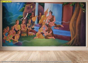 ภาพศิลปะไทยฉากถวายความเคารพพร้อมช้างและตัวละครหลายคน ติดผนังใหญ่ในห้องพระ ช่วยเล่าเรื่องชาดกอย่างมีมิติ