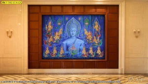 วอลเปเปอร์แคนวาสลายพระพุทธเจ้าสีน้ำเงินทองแสดงรายละเอียดลายเส้นไทยประณีตสำหรับงานสั่งพิมพ์ขนาดใหญ่ตกแต่งผนังห้องพระลักชูรี