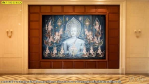 ดีไซน์ภาพจิตรกรรมไทยลิขสิทธิ์รูปพระพุทธเจ้าบนพื้นหลังสีน้ำเงินเข้มเน้นความสงบสว่างและทรงพลังเหมาะสำหรับติดผนังห้องทำงานหรือห้องพระ