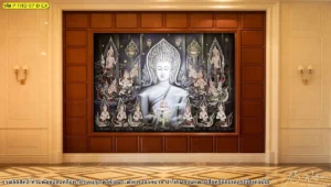 ภาพแคนวาสลายไทยลิขสิทธิ์ติดผนังลวดลายพระพุทธเจ้ายอดนิยมโทนสีทองน้ำเงินเน้นความวิจิตรบรรจงเพิ่มความสิริมงคลให้กับพื้นที่อาศัย