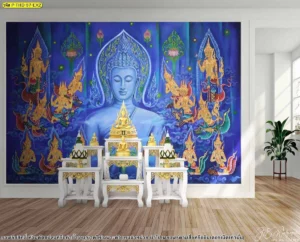 การใช้ภาพแคนวาสลิขสิทธิ์ลายพระพุทธเจ้าขนาดใหญ่ตกแต่งโถงทางเดินในบ้านหรูเน้นการจัดไฟที่ช่วยขับเน้นความสวยงามของงานศิลปะไทย