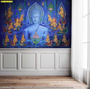 ภาพจำลองการตกแต่งห้องพระด้วยวอลเปเปอร์แคนวาสลิขสิทธิ์ลายพระพุทธเจ้าสีน้ำเงินทอง ติดตั้งบนผนังเหนือคิ้วบัวสร้างบรรยากาศที่สงบนิ่งและสวยงามประณีต