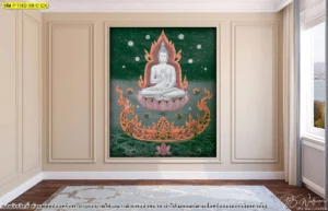 ภาพแคนวาสลายไทยสำหรับห้องพระ โทนสีเขียวเข้มพร้อมลายไทยประยุกต์ เหมาะกับงานตกแต่งภายในร่วมสมัย