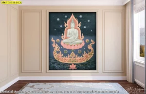 รูปติดผนังห้องพระลายไทย โทนสีเข้มพร้อมลวดลายดอกบัวและองค์พระพุทธเจ้าสไตล์ไทยประยุกต์