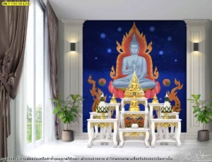 ภาพแคนวาสลายไทยสำหรับห้องพระ โทนสีน้ำเงินเข้มพร้อมองค์พระพุทธเจ้าจัดวางร่วมกับโต๊ะหมู่บูชา