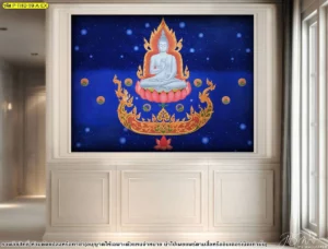 รูปติดผนังห้องพระลายไทยขนาดใหญ่ โทนสีน้ำเงินเข้มพร้อมลวดลายไทยประยุกต์สำหรับผนังตกแต่งภายใน