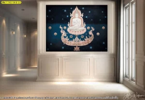 ภาพพระพุทธเจ้าลายไทยลิขสิทธิ์โทนสีชมพูทอง ตกแต่งผนังห้องพระสไตล์ไทยร่วมสมัยภายในบ้าน