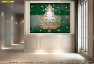 ภาพแคนวาสพระพุทธเจ้าลายไทยลิขสิทธิ์พื้นหลังสีเขียว ตกแต่งผนังภายในห้องพระสไตล์ไทยร่วมสมัยพร้อมกรอบบัวคลาสสิก