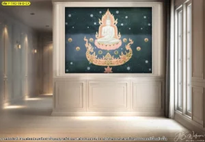 รูปติดผนังห้องพระลายไทยโทนสีน้ำเงินเข้ม พร้อมองค์พระพุทธเจ้าศิลปะไทยสำหรับงานตกแต่งภายในบ้านและห้องพระร่วมสมัย