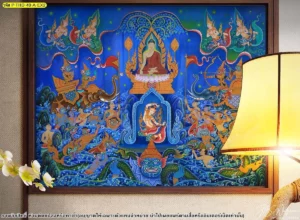 รูปติดผนังห้องพระศิลปะไทยลายมารผจญพร้อมภาพจำลองตกแต่งภายในโทนอบอุ่นสำหรับบ้านและพื้นที่รับรองแบบไทย