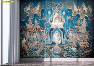 วอลเปเปอร์ลายไทยตกแต่งห้องพระโทนฟ้าเทาแสดงรายละเอียดพุทธศิลป์ไทยร่วมสมัยสำหรับงานออกแบบภายใน