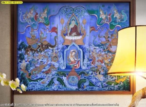 รูปติดผนังห้องพระศิลปะไทยลายมารผจญพร้อมภาพจำลองผนังตกแต่งภายในสไตล์ไทยร่วมสมัยโทนสีน้ำเงิน