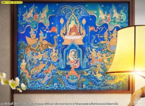 ภาพศิลปะไทยลายพุทธประวัติตอนมารผจญสำหรับพิมพ์สติ๊กเกอร์ตกแต่งผนังภายในและห้องพระสไตล์ไทย