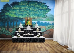ภาพจำลองห้องพระผนังเต็มพื้นที่ ลายต้นไม้ใหญ่โทนเขียว พร้อมโต๊ะหมู่สีดำและพื้นไม้สำหรับงานออกแบบภายใน