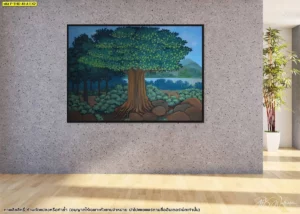 ภาพกรอบศิลปะไทยบนผนังคอนกรีตสีเทา แสดงลายต้นไม้ใหญ่และฉากธรรมชาติ เหมาะใช้ประกอบหน้าสินค้าเว็บ