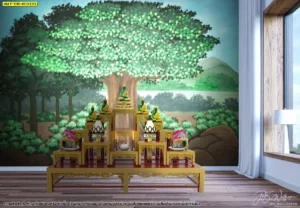 ภาพจำลองห้องพระร่วมสมัย ผนังลายต้นไม้ใหญ่โทนเขียวสว่าง จัดคู่โต๊ะหมู่สีทองและพื้นไม้ลายธรรมชาติ