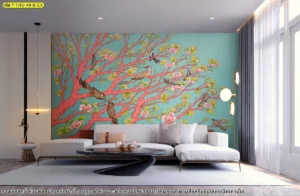 ภาพห้องนั่งเล่นผนังพื้นเขียวมิ้นต์ กิ่งไม้สีชมพูแดงและนกหลายตัว ช่วยให้มุมโซฟาดูเด่นมีเอกลักษณ์มากขึ้น