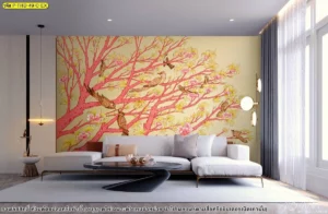 ภาพจำลองการออกแบบตกแต่งภายในห้องนั่งเล่นด้วยผนังลายต้นไม้สีชมพูและนกบนพื้นผิวสีขาวลายนูนเข้ากับโซฟาผ้าสีเทา