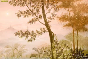 ภาพลายสวนป่าไทยโทนพีชอ่อน มีกิ่งไม้ ดอกเล็ก และเงาภูเขาไกล เหมาะกับผนังที่ต้องการความนุ่มนวล สำหรับใช้ประกอบหน้าเว็บสินค้าและตัวอย่างงานตกแต่งภายใน