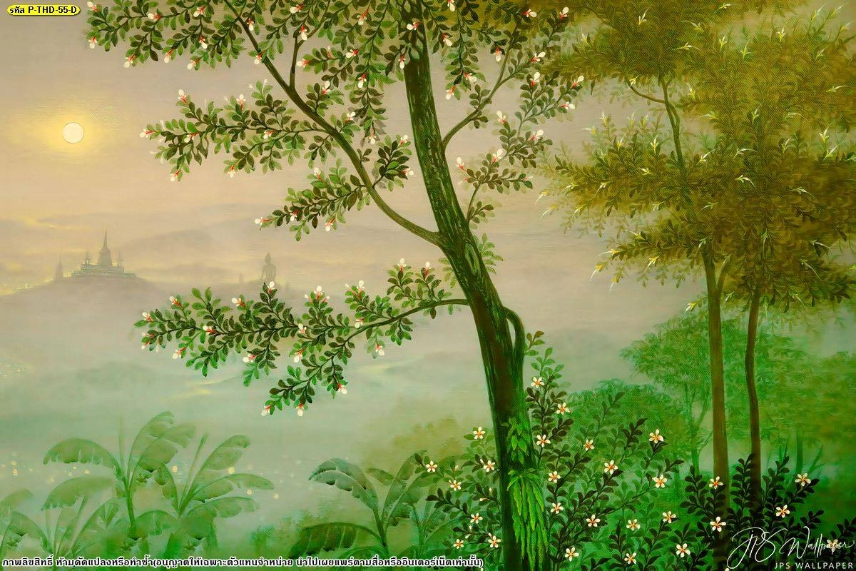 ภาพลายป่าหมอกโทนเขียวทอง มีต้นไม้ใหญ่ ใบไม้แน่น แสงอ่อน และเงาภูเขาวัดไทยในระยะไกล สำหรับผนังจุดเด่น