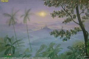 ภาพลายป่าหมอกโทนฟ้าเขียว มีต้นปาล์ม แสงจันทร์ ภูเขา และกิ่งไม้ด้านขวา จัดองค์ประกอบโปร่ง เหมาะกับผนังกว้าง