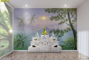 ภาพจำลองห้องพระผนังสวนป่าโทนฟ้าเขียว มีพระประธาน ฐานหินอ่อน และแสงธรรมชาติ ให้พื้นที่สว่างสงบอย่างพอดี