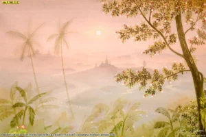 ภาพสวนป่าโทนพีชอ่อน มีมิติหมอกบาง ภูเขาไกล และกิ่งไม้พาดด้านขวา ให้ความรู้สึกโปร่งและสงบ สำหรับใช้ประกอบหน้าเว็บสินค้าและตัวอย่างงานตกแต่งภายใน