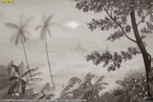 ภาพลายป่าหมอกขาวดำ มีต้นปาล์ม กิ่งไม้ และเงาวัดไกล ๆ เหมาะกับงานผนังโทนโมโนโครมที่ต้องการความสงบนิ่ง
