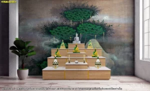 ภาพจำลองห้องพระผนังงานศิลปะต้นไม้ริมน้ำ โทนเขียวหม่น มีแท่นบูชาไม้และแสงธรรมชาติ ช่วยให้พื้นที่ดูสงบ