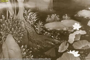 ภาพศิลปะโทนน้ำตาลซีเปีย มีต้นไม้ หิน ใบบัว และดอกบัวขาว ให้ความรู้สึกอบอุ่น สุขุม เรียบร้อยและนิ่งงาม