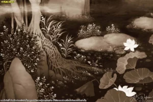 ภาพลายสวนป่าโทนน้ำตาลเข้ม มีแสงหมอกและบึงบัวด้านขวา เหมาะกับผนังที่ต้องการความนิ่ง เรียบหรู และสงบมาก