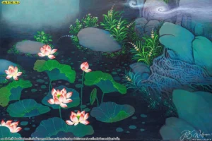 รายละเอียดของภาพวาดทิวทัศน์ทางน้ำที่แสดงถึงความอุดมสมบูรณ์และร่มเย็นใช้สำหรับเป็นวัสดุปูทับพื้นผิวผนังเพื่อความสวยงาม