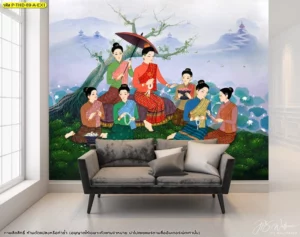 ภาพจำลองห้องโถงสีขาวจัดวางโซฟาสีเทาดำพร้อมผนังตกแต่งลายจิตรกรรมสตรีไทยโบราณนั่งรวมกลุ่มจัดช่อดอกไม้ท่ามกลางธรรมชาติและทุ่งหญ้าเขียวขจี