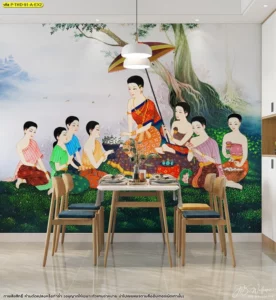 ภาพจำลองห้องรับประทานอาหารชุดโต๊ะโมเดิร์นดีไซน์ไม้สีอ่อนตัดกับผนังลายจิตรกรรมฝาผนังวิถีชีวิตสตรีไทยโบราณในสวนดอกไม้สีขาวอันร่มรื่นงดงาม