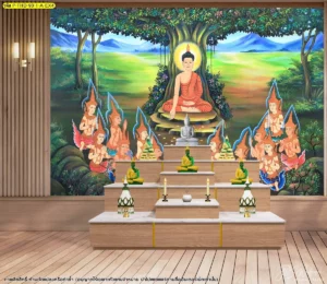 ภาพลิขสิทธิ์พระพุทธเจ้าแสดงธรรมตกแต่งผนังห้องพระ โทนสีธรรมชาติพร้อมงานศิลปะไทยร่วมสมัยภายในบ้าน