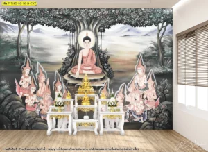 ภาพพิมพ์แต่งผนังพุทธประวัติแบบขาวดำ พร้อมลายไทยร่วมสมัยสำหรับตกแต่งห้องพระภายในบ้านและโครงการออกแบบ
