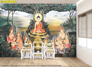 ภาพลิขสิทธิ์พระพุทธเจ้าแสดงธรรมติดผนังห้องพระ โทนศิลปะไทยร่วมสมัย พร้อมโต๊ะหมู่บูชาและฉากต้นโพธิ์