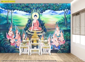รูปศิลปะไทยติดผนังห้องพระลายพระพุทธเจ้าแสดงธรรม โทนสีสด เหมาะกับงานตกแต่งภายในบ้านร่วมสมัย
