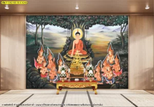 ภาพศิลปะไทยตกแต่งภายในห้องพระ ลายพระพุทธเจ้าแสดงธรรม พร้อมฉากธรรมชาติและองค์ประกอบไทยร่วมสมัย