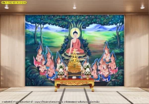 ภาพพิมพ์แต่งผนังพุทธประวัติสีสด สำหรับห้องพระภายในบ้าน พร้อมงานศิลปะไทยและฉากพระพุทธเจ้าแสดงธรรม