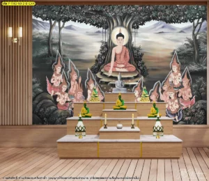 รูปศิลปะไทยติดผนังห้องพระลายพระพุทธเจ้าแสดงธรรม โทนขาวดำสำหรับงานตกแต่งภายในสไตล์ไทยร่วมสมัย