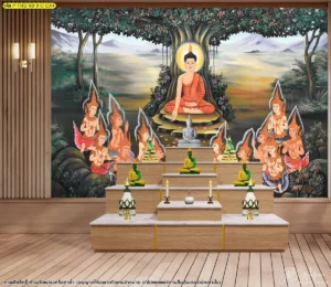ภาพพระพุทธเจ้าแสดงธรรมติดผนังห้องพระพร้อมลวดลายไทยประยุกต์ เหมาะกับงานออกแบบภายในบ้านสมัยใหม่