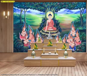 ภาพลายไทยสำหรับห้องพระพร้อมฉากต้นโพธิ์และองค์ประกอบพุทธศิลป์ ใช้ตกแต่งผนังห้องพระภายในบ้าน