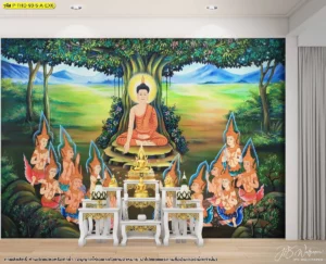 ภาพพิมพ์แต่งผนังพุทธประวัติพร้อมโต๊ะหมู่บูชาสไตล์ไทยร่วมสมัย สำหรับงานตกแต่งภายในห้องพระขนาดใหญ่